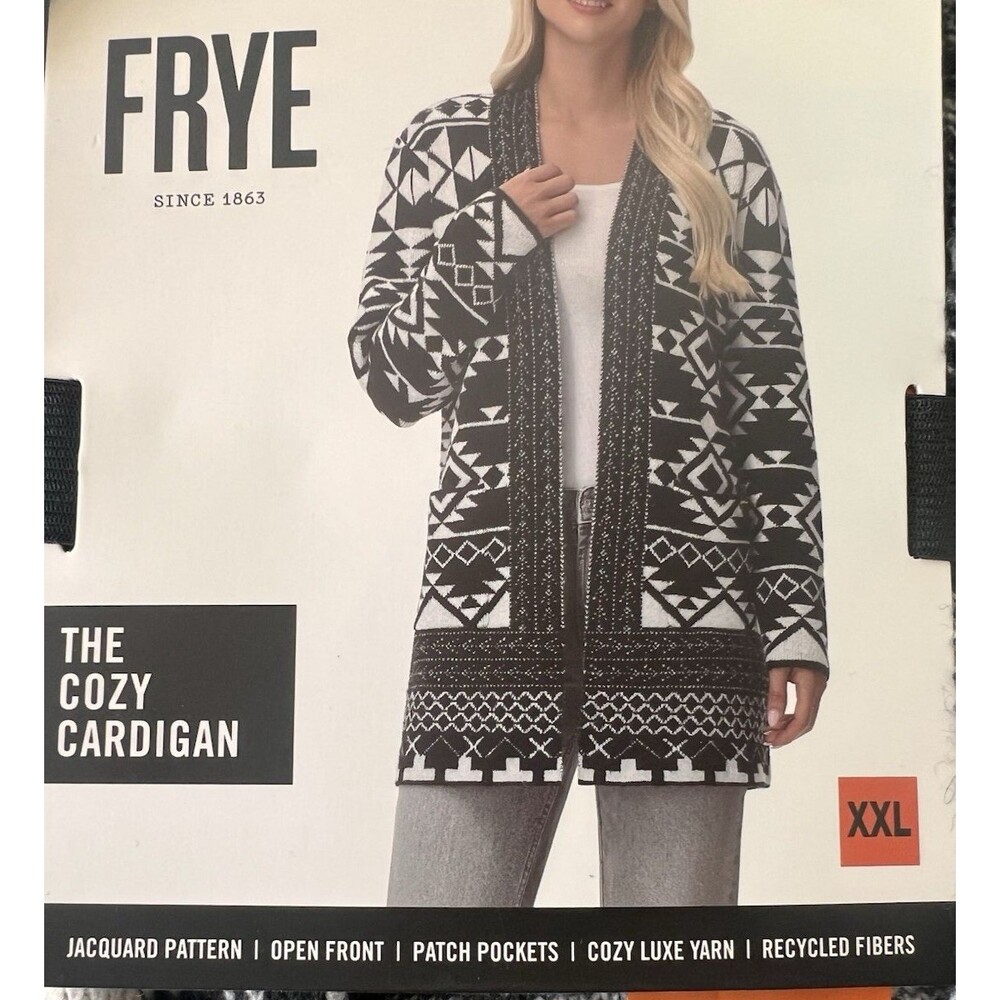 NWT Frye Womens Soft 2XL XXL  Cozy Cardigan Jacquard Black White Combo Sweater